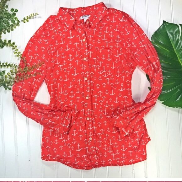 Old Navy Button-Up Red Anchor Print Collared Long Sleeves necklace included - Picture 8 of 11